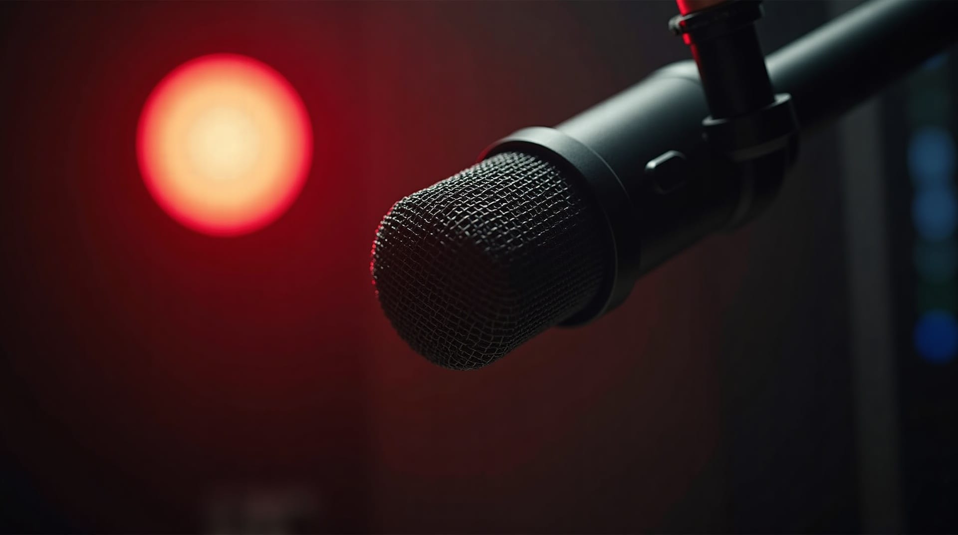 Broadcast microphone in close-up against a red studio light