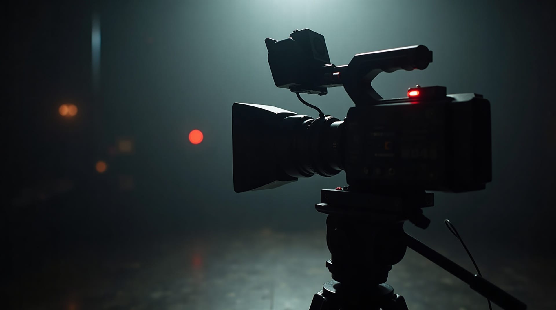 Cinema camera on a tripod with a glowing red tally light