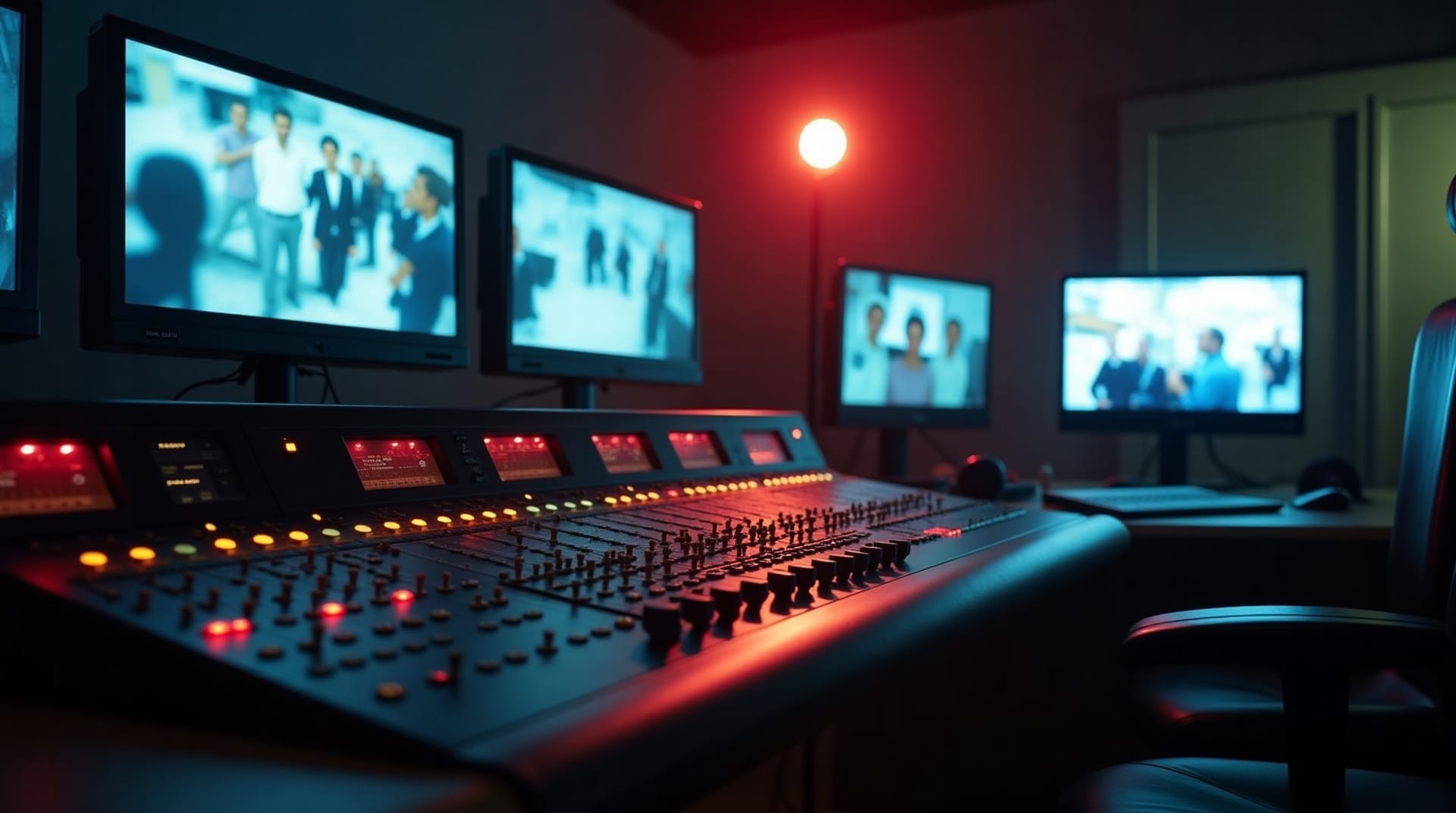Production control desk with multiview monitors and a vision mixer in a dark room