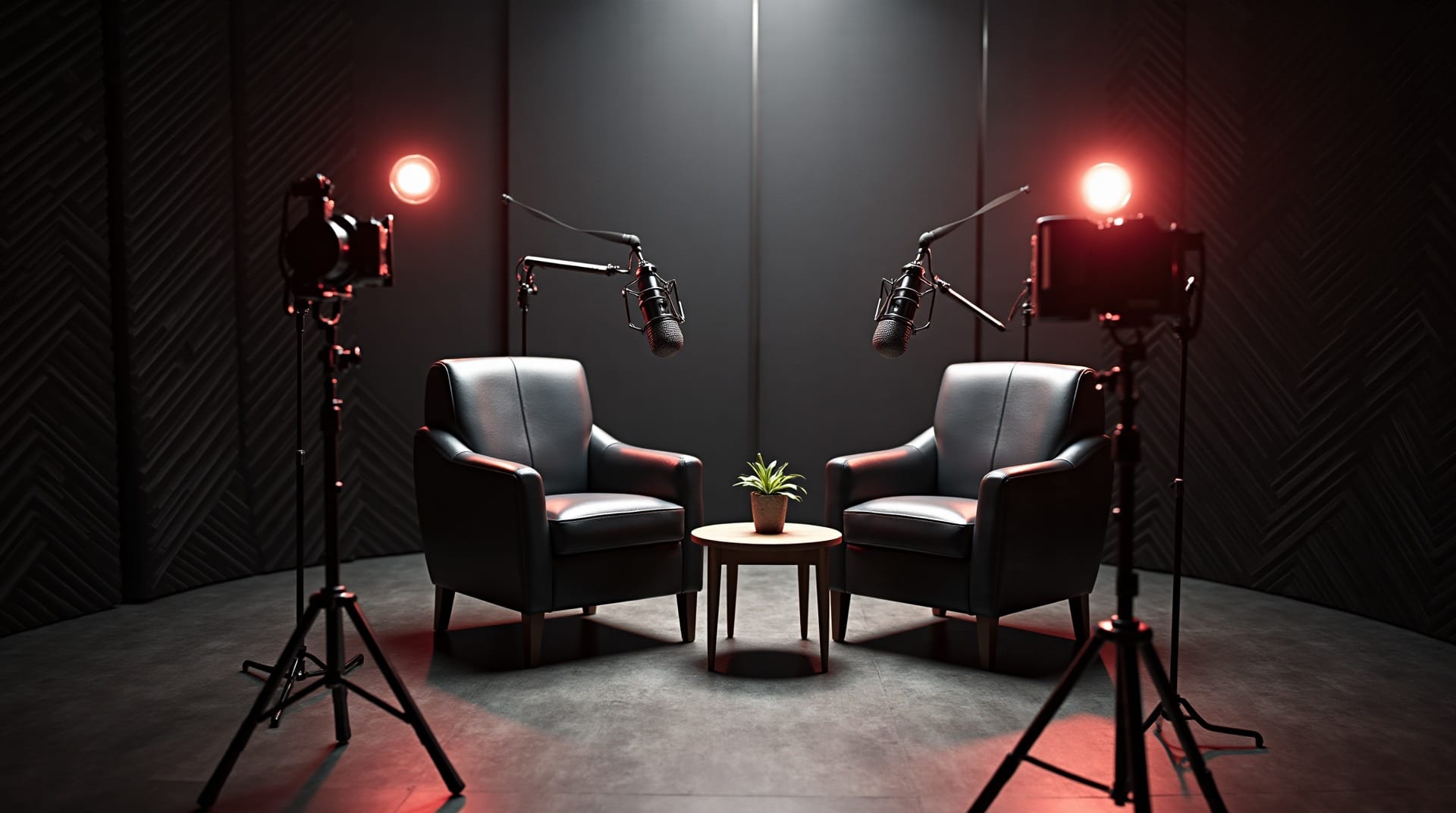 Podcast set with two leather armchairs facing each other, boom microphones overhead, and camera rigs under red tally lighting