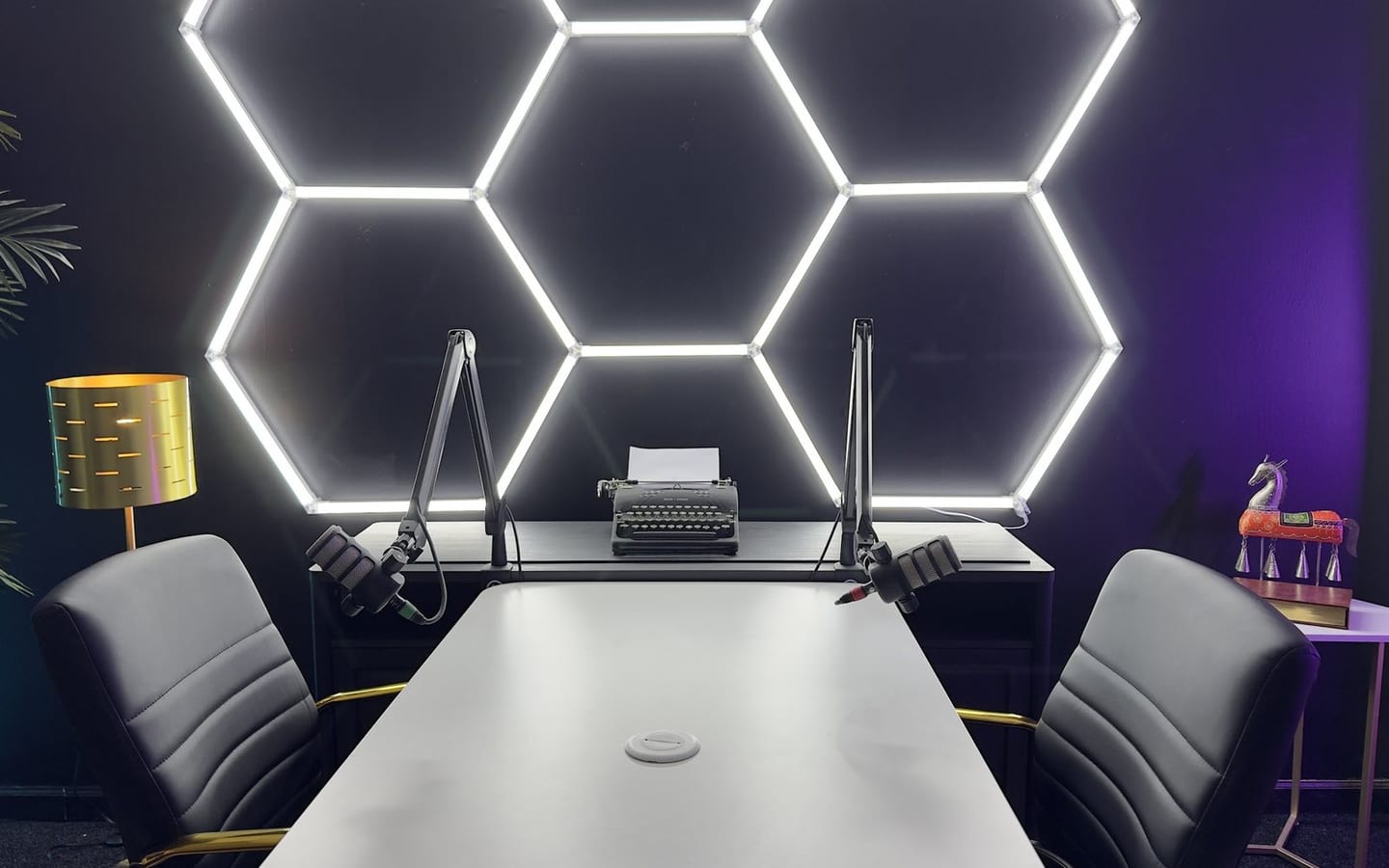 The Hive: a hexagon LED array over a white recording table